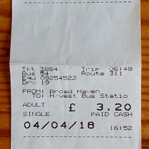 The bus ticket from Broad Haven to Haverfordwest in Pembrokeshire National Park
